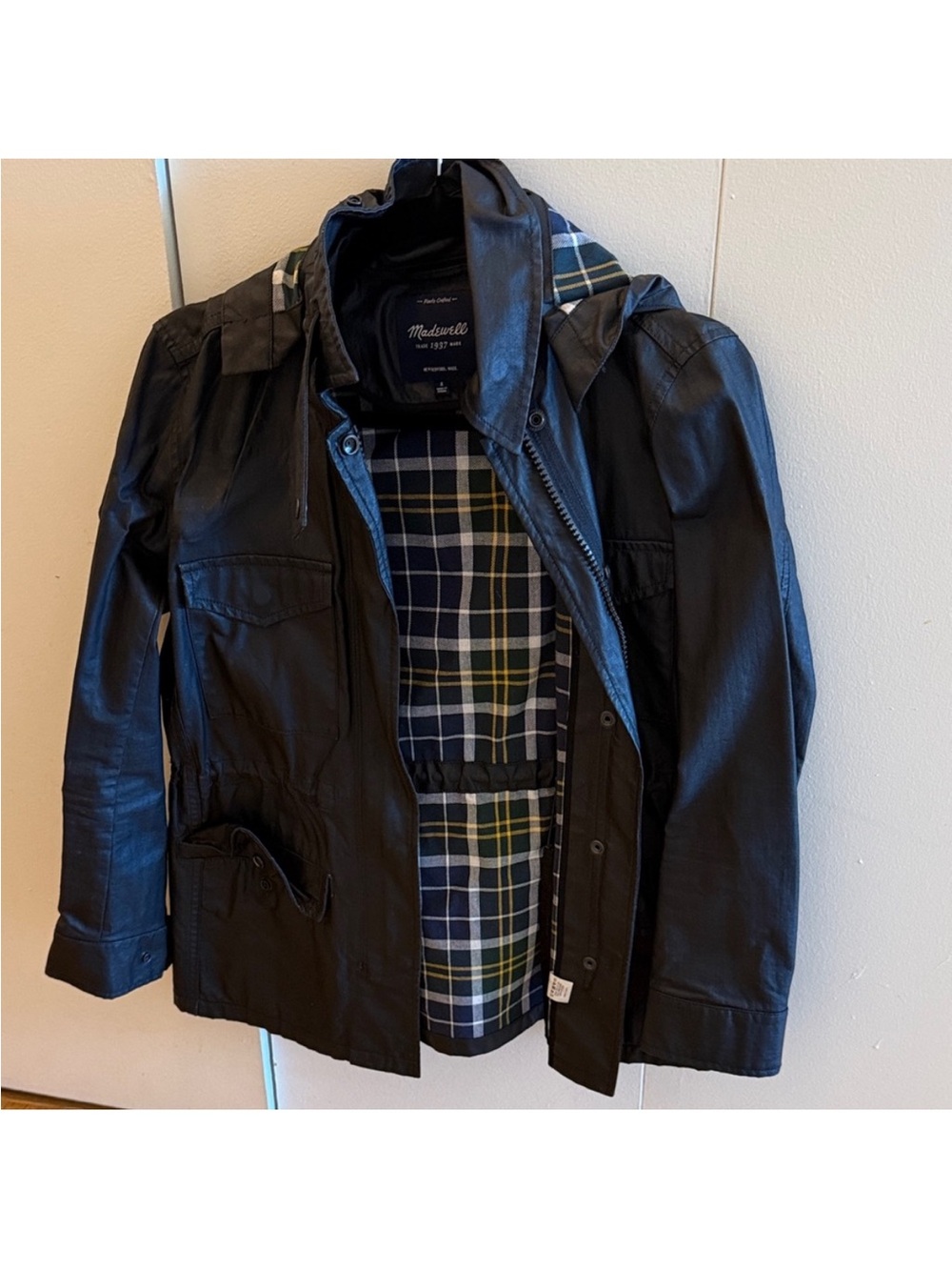Madewell Black Hooded Faux-Leather Raincoat with Navy Plaid Lining